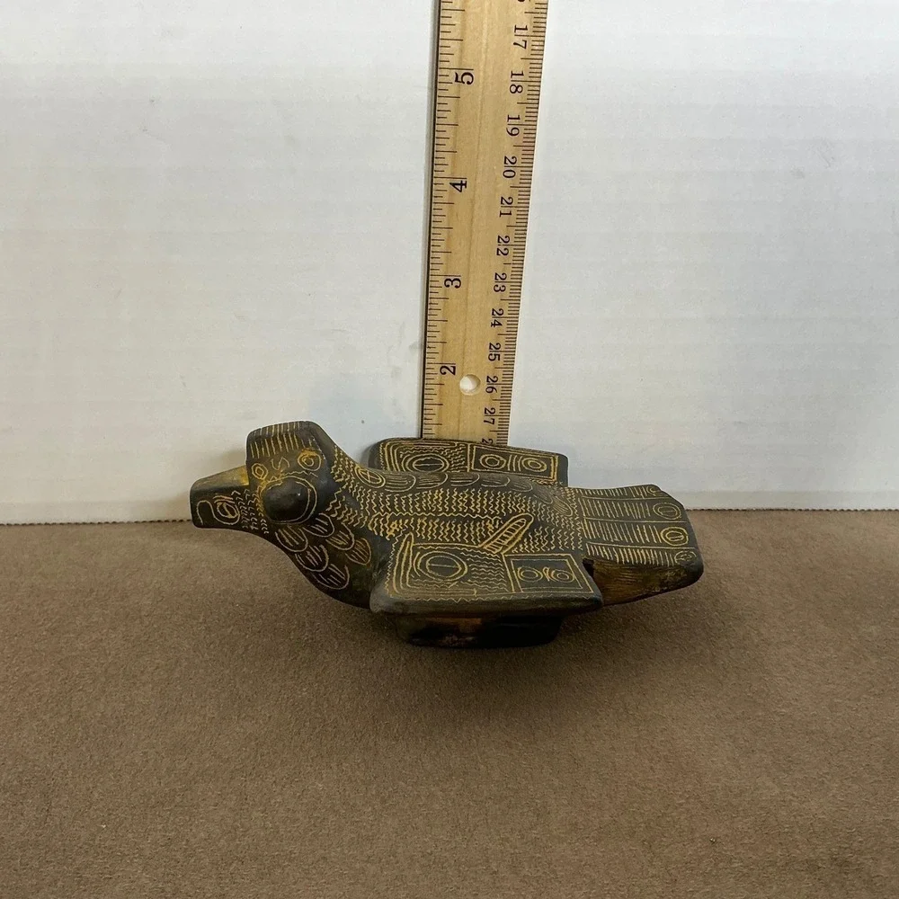 Vintage Cast‎ Stone Bird Figurine Etched Folk Tribal Boho Decor Sculpture